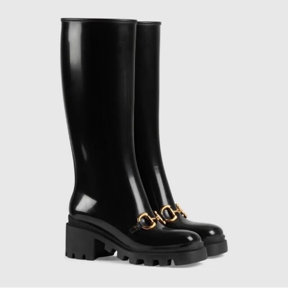 Gucci NWB Size 38 Black Gloss Rubber Insulated Horsebit Knee-High Rain Boot NWT - Picture 2 of 14